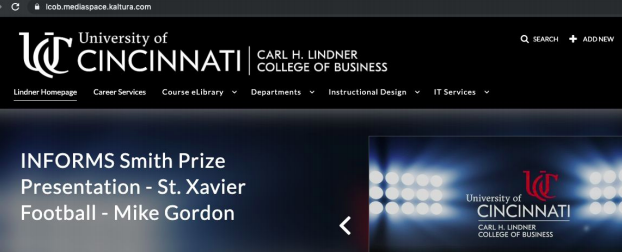 Screenshot of a a webpage with top navigation and the UC Lindner College of Business logo