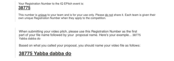 Screenshot of example IQ E-Pitch welcome email with messaging about how to submit video