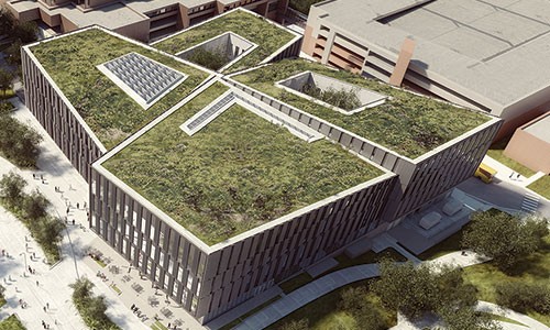 Portfolio 2018, New Building Rendering, green roof Rendering of an overhead view of the new Lindner building, showcasing the green roof