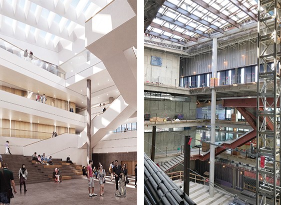 Portfolio 2018, new building atrium side-by-side Left: an architectural rendering of the new Lindner College of Business building's atrium. Right: a photo of the atrium under construction in August 2018.